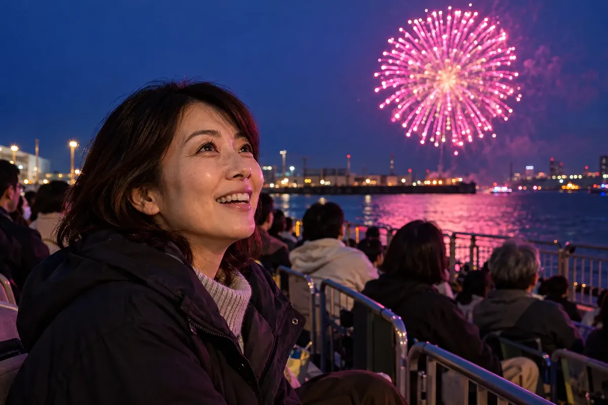 夕暮れの港にピンクの花火が上がり、観覧席で女性が笑顔を見せる