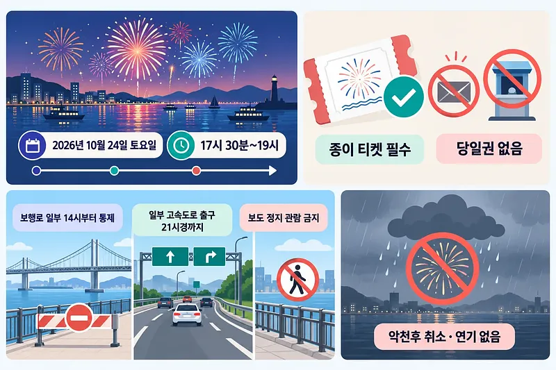 港の花火、紙のチケット、通行規制、荒天時の中止を4つに分けて示す案内図