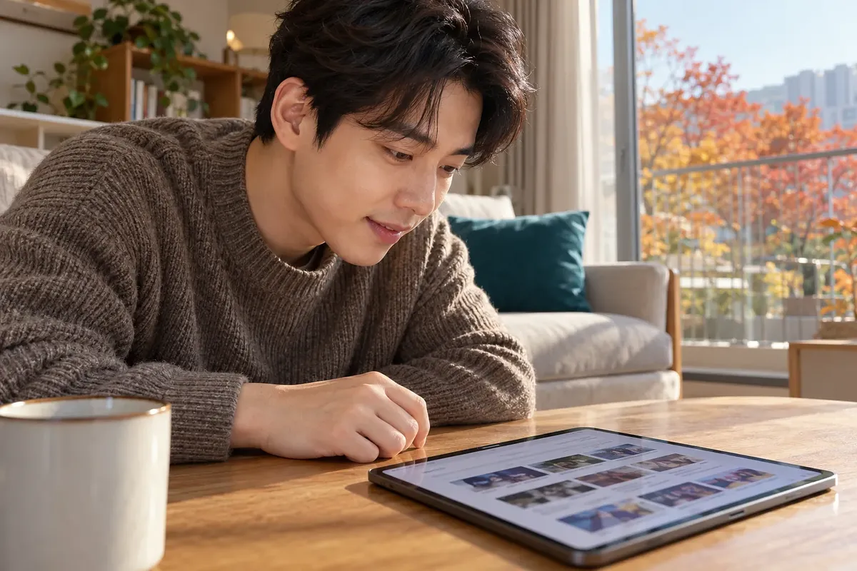 A man looks at a grid of video thumbnails on a tablet in a sunlit autumn living room.