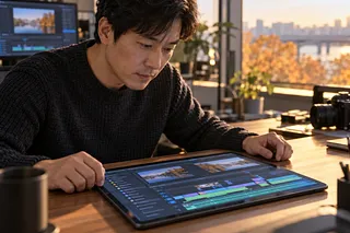 黒いセーターの男性が、二つの映像プレビューと編集タイムラインを表示したタブレットを見つめる。