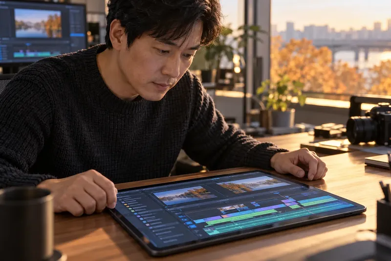 黒いセーターの男性が、二つの映像プレビューと編集タイムラインを表示したタブレットを見つめる。