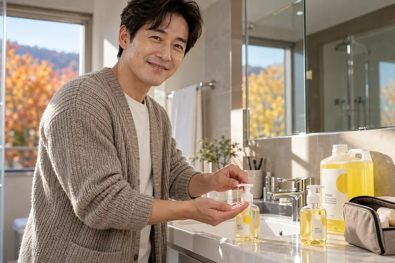 욕실 세면대에서 웃으며 손에 핸드워시를 펌핑하는 남성, 옆에 놓인 대용량 용기와 작은 병 두 개