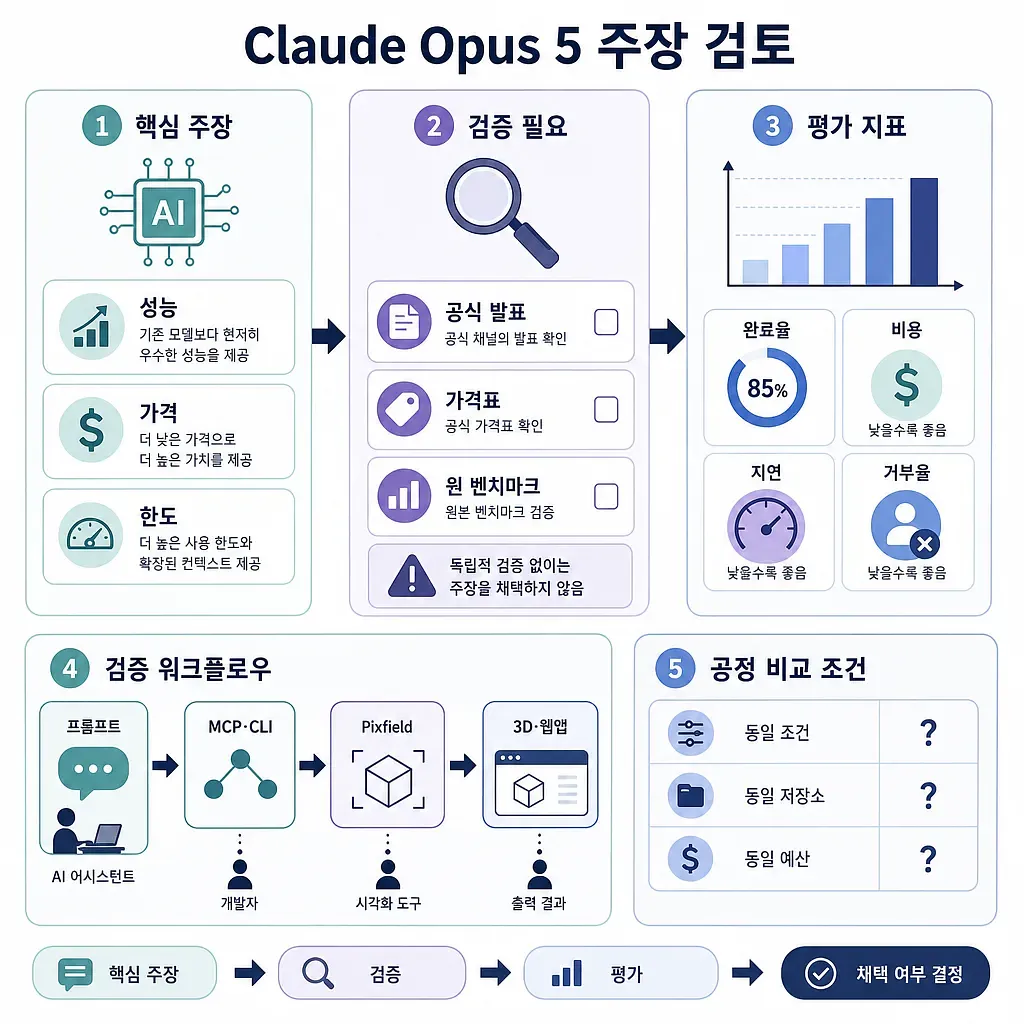 Claude Opus 5 주장 검토 절차와 평가 지표를 정리한 한국어 인포그래픽