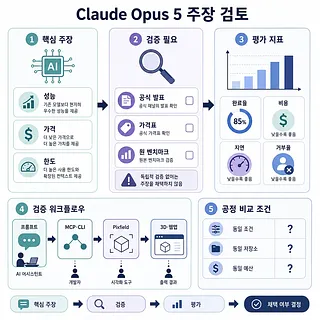 Claude Opus 5 주장 검토 절차와 평가 지표를 정리한 한국어 인포그래픽