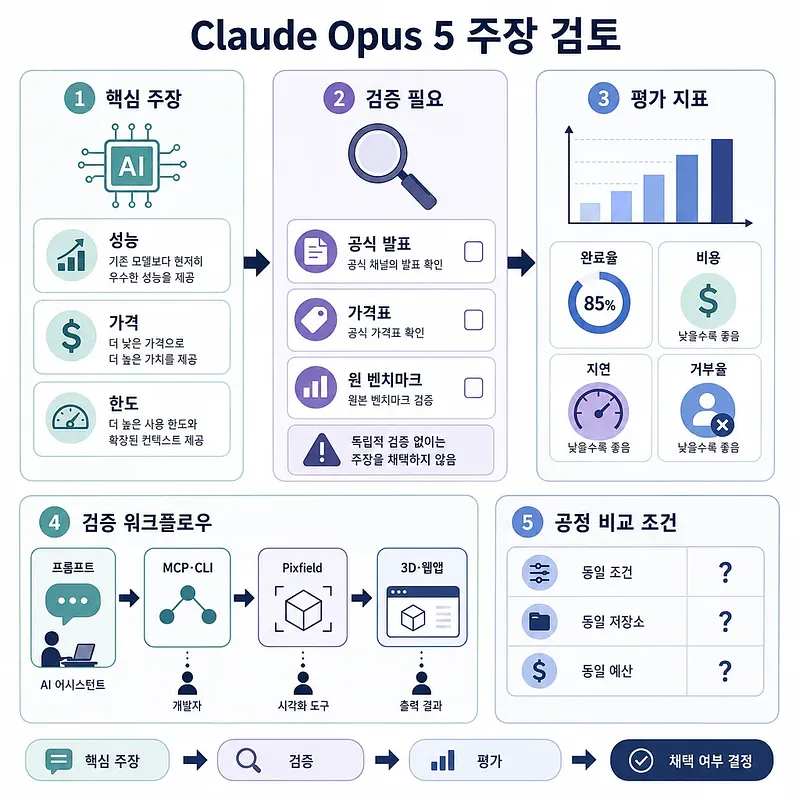 Claude Opus 5 주장 검토 절차와 평가 지표를 정리한 한국어 인포그래픽