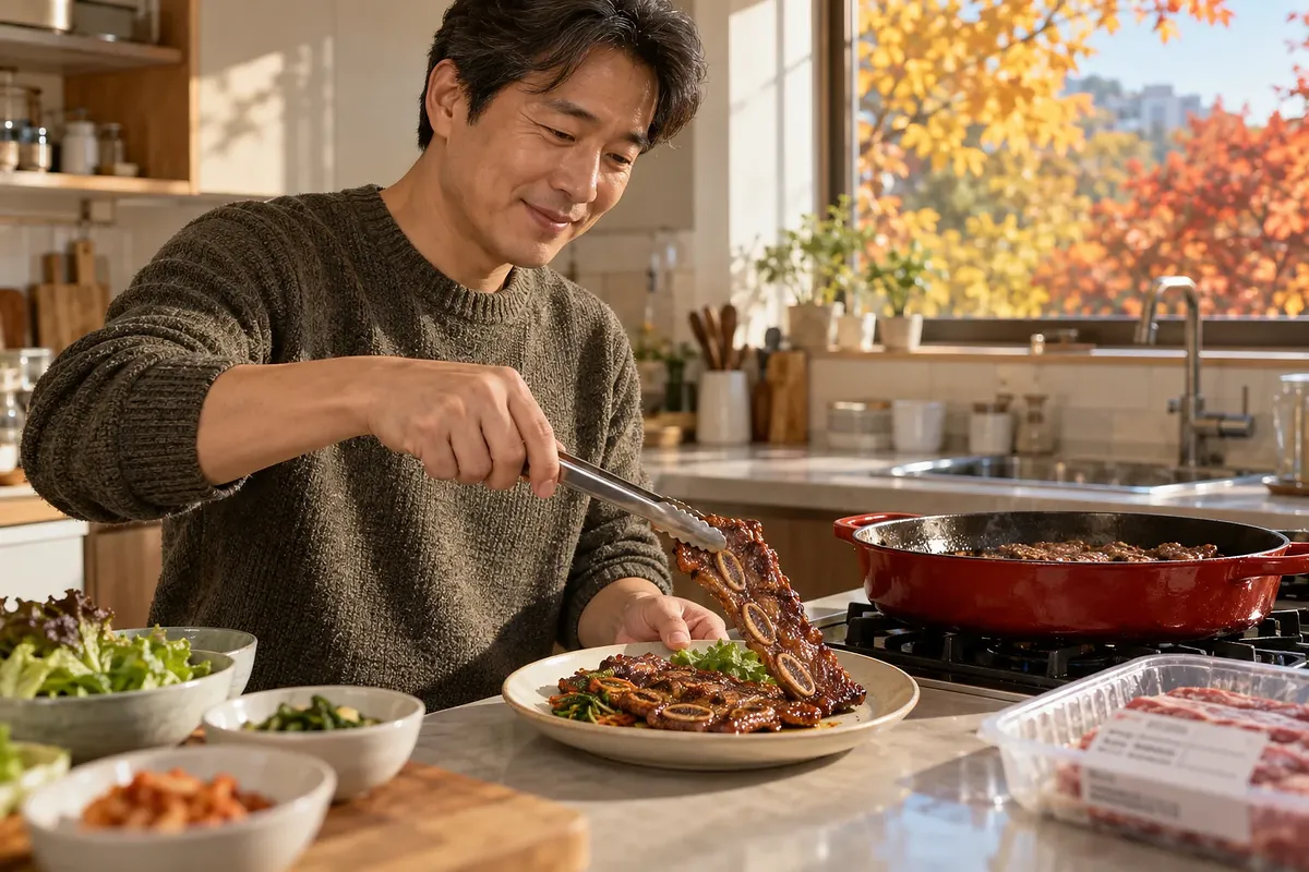 A man uses tongs to serve grilled LA galbi onto a plate in a home kitchen.