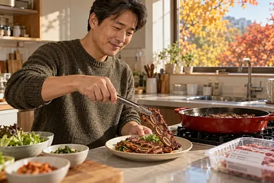 집 주방에서 남성이 집게로 구운 LA갈비를 접시에 담고 있다.