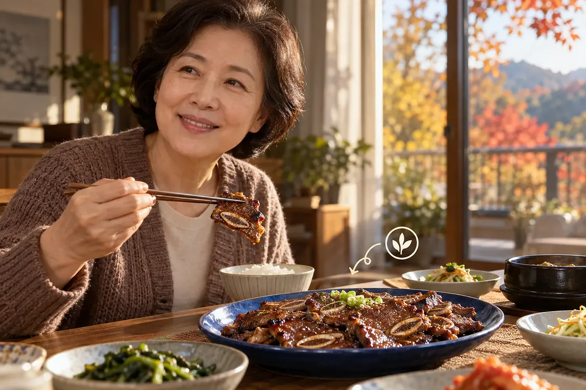 女性が箸でカルビを一切れ持ち、焼いたLAカルビの盛り皿とご飯の横でほほ笑んでいる。