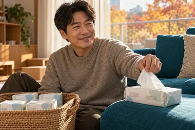 Smiling man pulling a tissue beside a sofa, with spare tissue packs in a basket