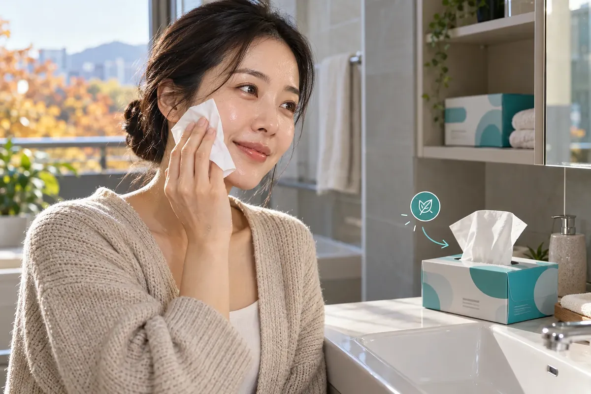 A woman dabs her damp cheek with a tissue in a bathroom, with an open tissue pack beside the sink.