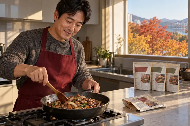 붉은 앞치마를 입은 남성이 팬에 돼지불고기를 볶고 있고, 옆에 빈 파우치와 밀봉된 파우치 세 개가 놓여 있다.