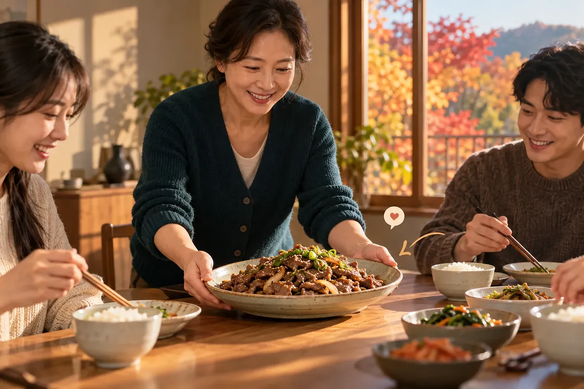 Una mujer sonriente sirve una fuente de bulgogi de cerdo a su familia durante la cena.