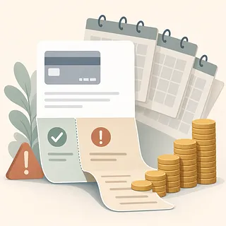 Extracto de tarjeta de crédito con calendarios, alertas y monedas apiladas