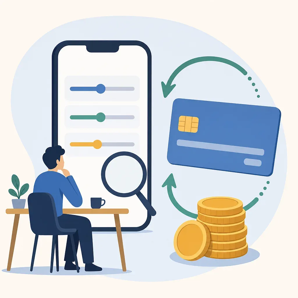 Person reviewing payment settings on a phone beside a credit card, coins, and circular arrows