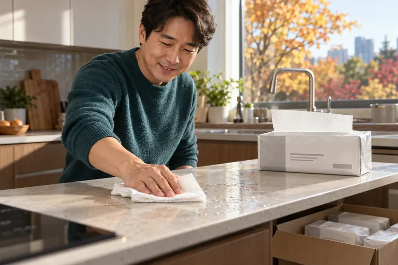 A man in a teal sweater wipes water from a kitchen counter with a paper towel, with extra packs nearby.
