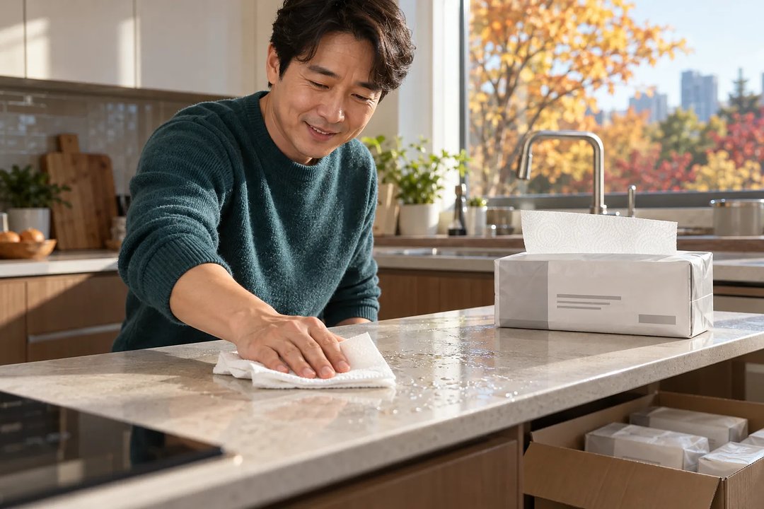 청록색 스웨터를 입은 남성이 키친타월로 주방 조리대의 물기를 닦고 있으며, 옆에는 여분의 팩들이 놓여 있다.