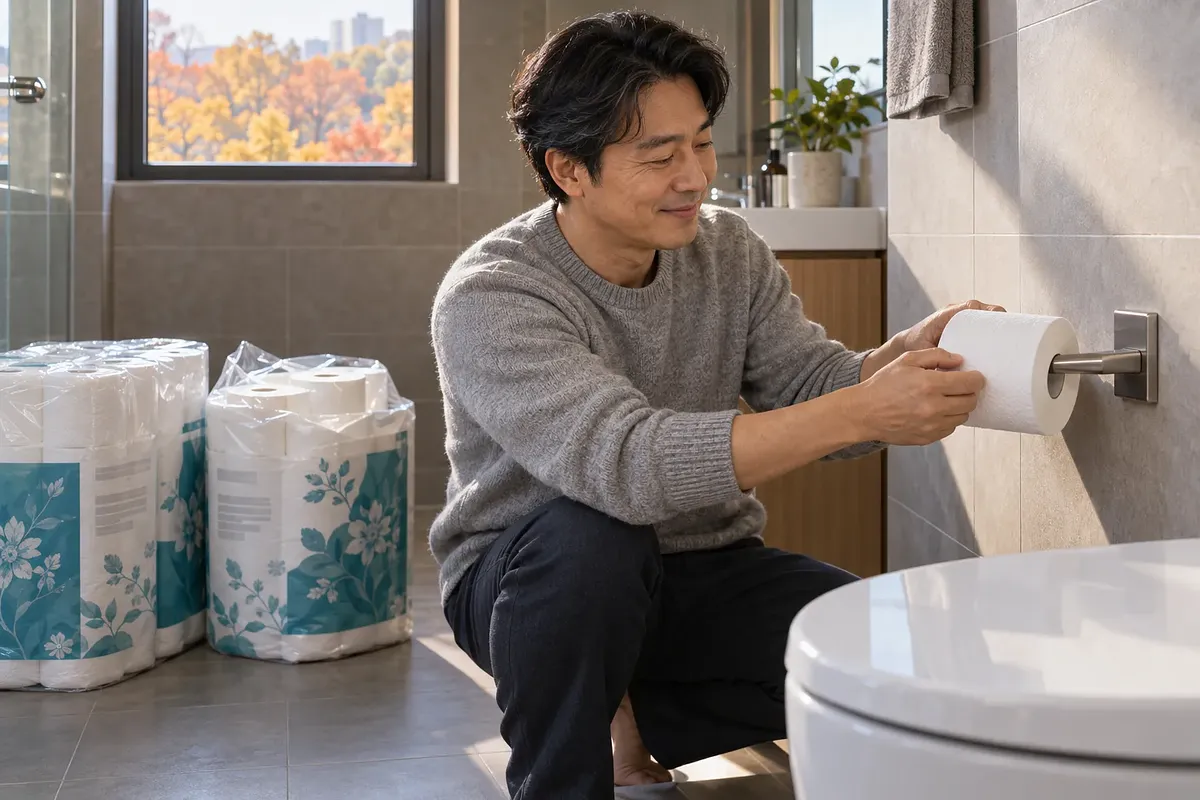 浴室でグレーのセーターを着た男性が、トイレットペーパーの大袋2つの横で壁のホルダーに新しいロールを取り付けている。