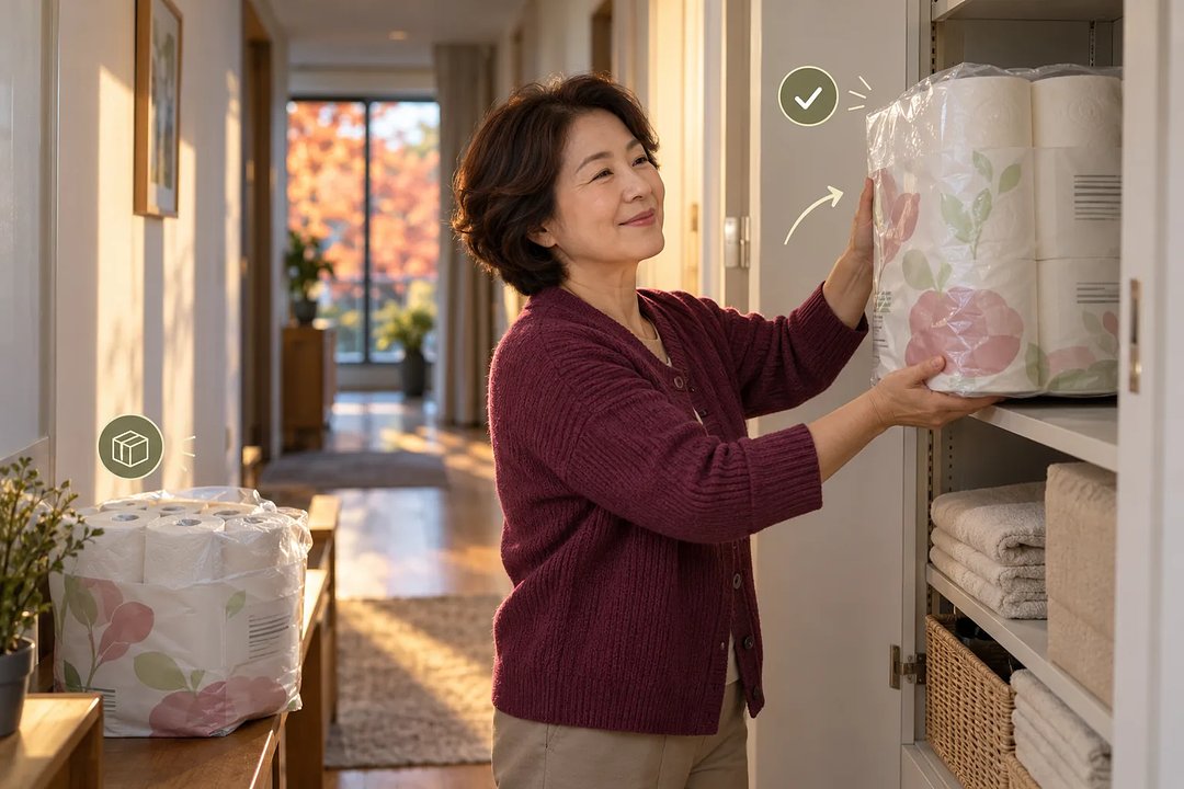 자주색 카디건을 입은 여성이 화장지 묶음을 수납장 선반에 넣고 있으며, 옆 탁자에도 한 묶음이 놓여 있습니다.