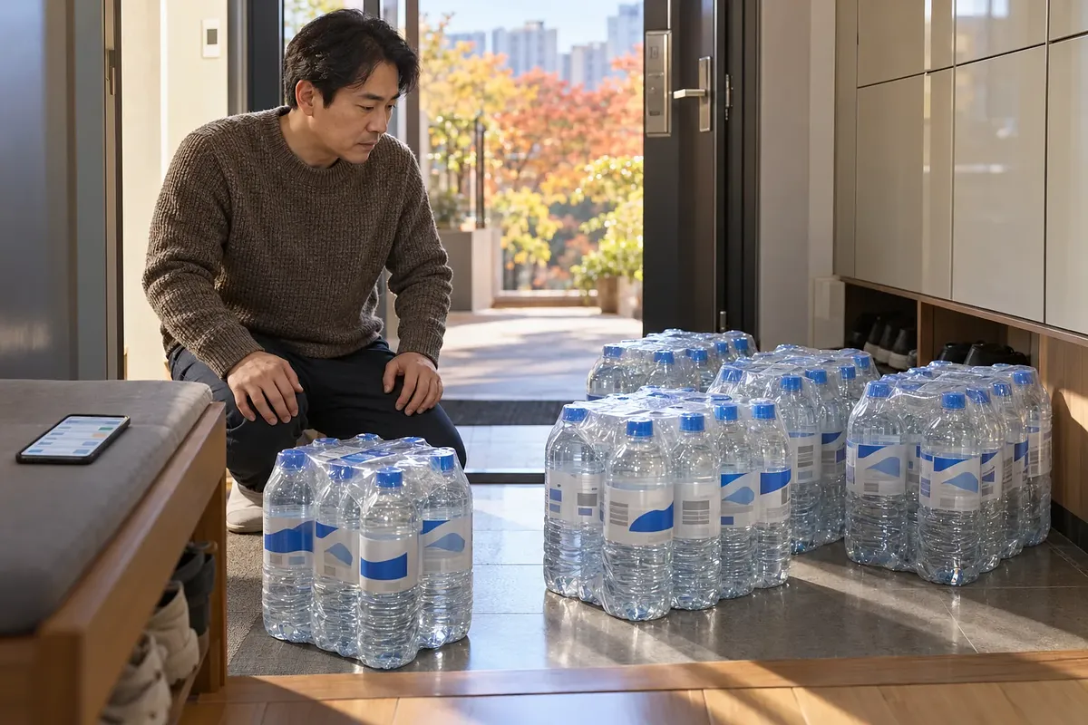 Un hombre con suéter se arrodilla en la entrada de una vivienda y examina varios paquetes de agua embotellada.