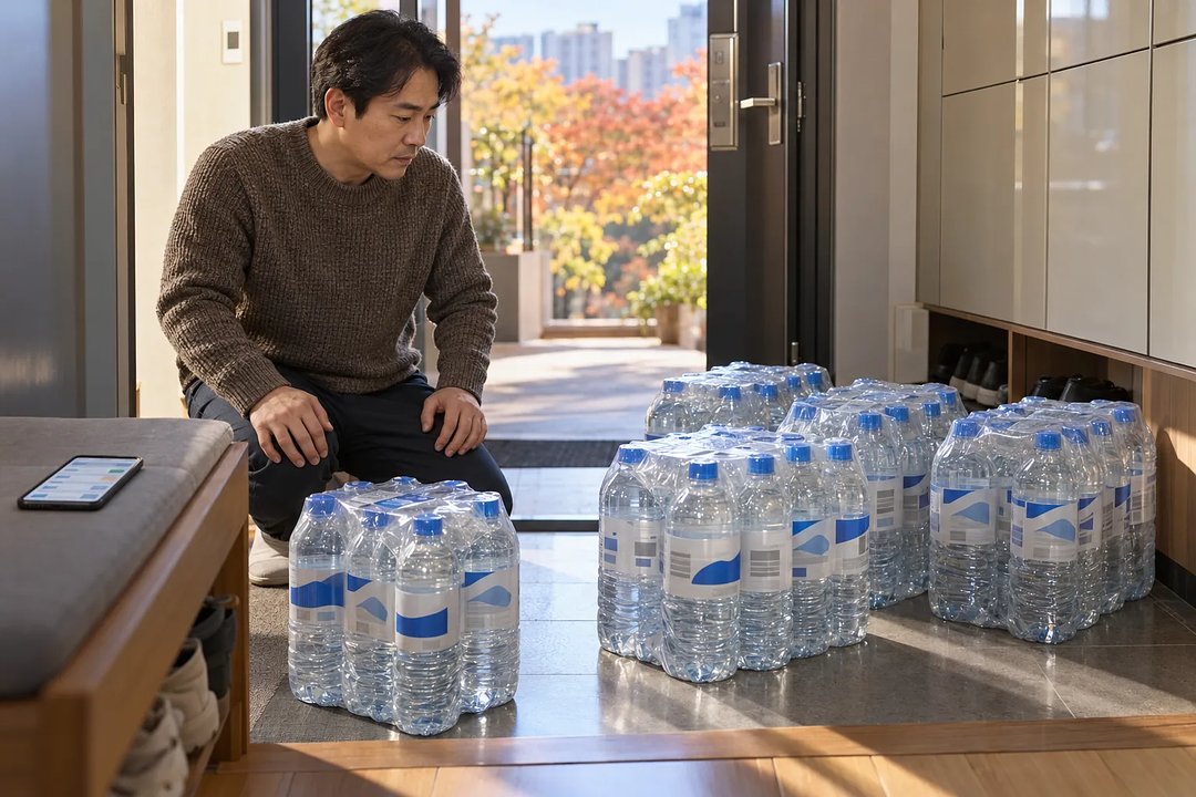 스웨터를 입은 남성이 집 현관에 무릎을 꿇고 바닥을 채운 여러 생수 묶음을 살펴보고 있다.