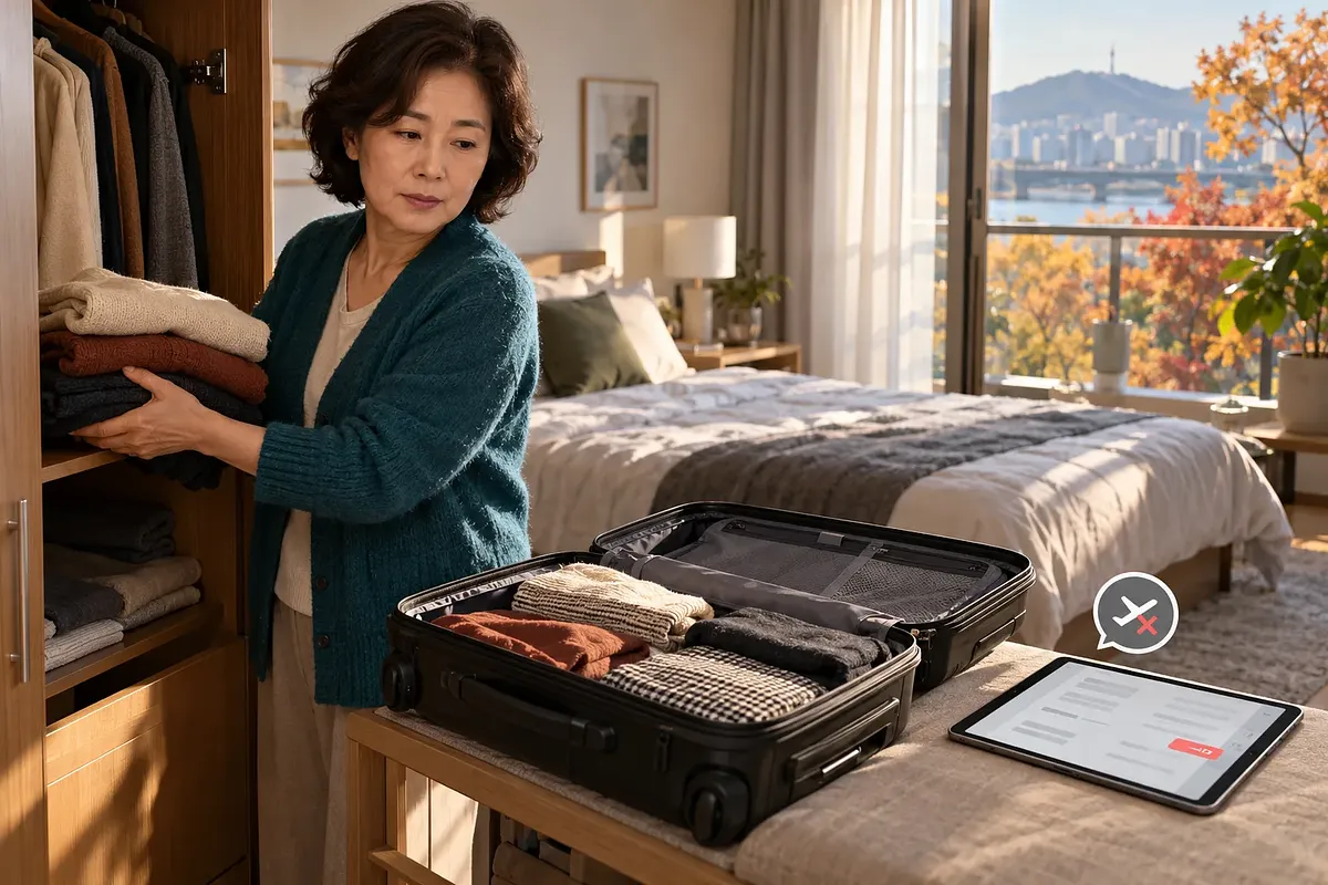 열린 여행 가방 옆에서 접은 옷을 옷장에 넣는 여성과 항공편 취소 표시가 떠 있는 태블릿