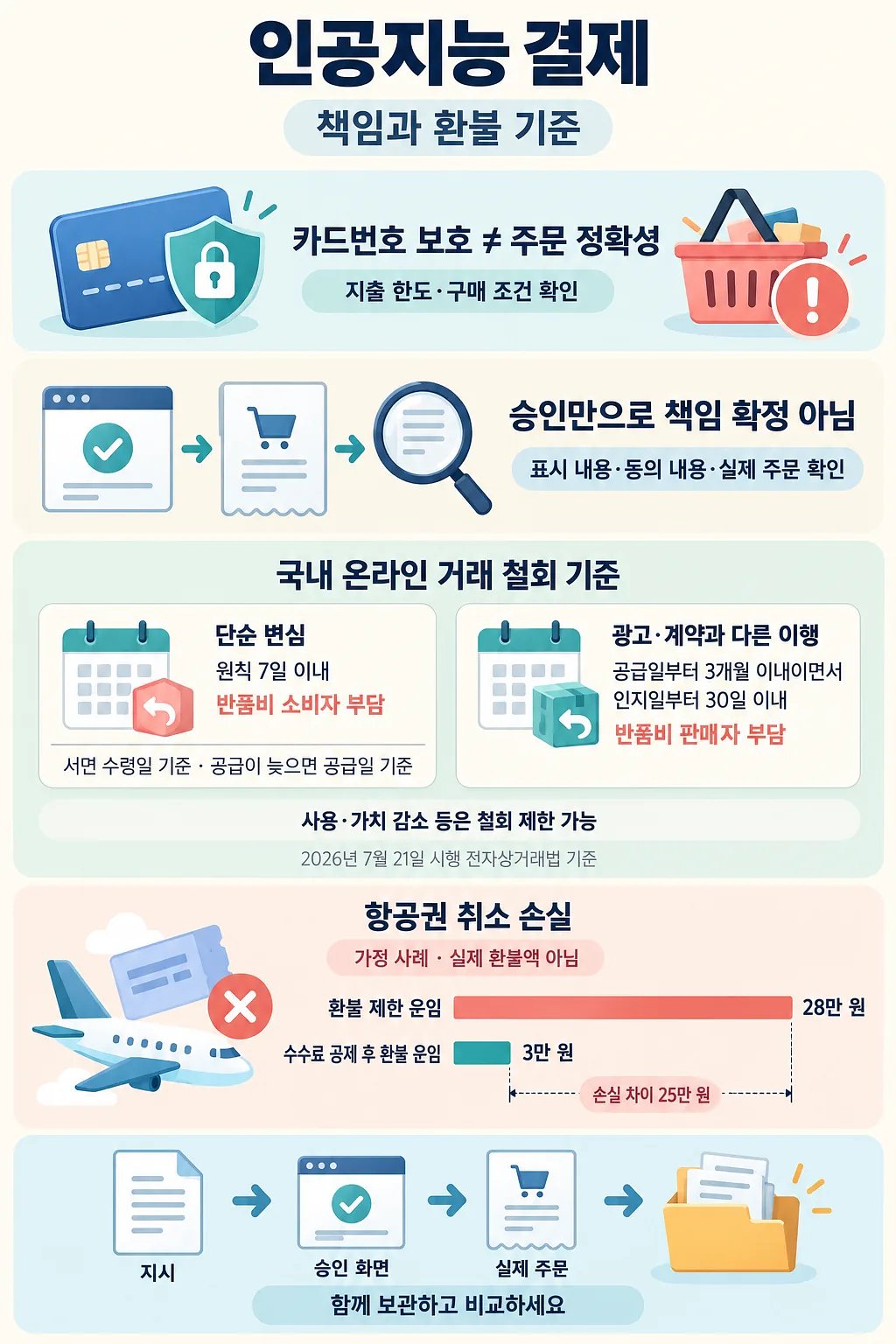 카드정보 보호, 결제 승인 책임, 국내 청약철회 기준, 항공권 취소 손실과 기록 보관을 정리한 인포그래픽