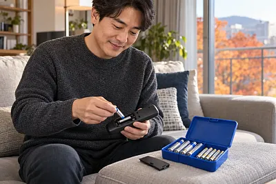 소파에 앉은 남성이 리모컨에 건전지를 넣고 있으며, 옆에는 두 규격의 건전지가 담긴 파란 케이스가 열려 있습니다.