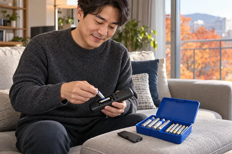 ソファに座った男性がリモコンに電池を入れており、隣には2種類のサイズの電池が入った青いケースが開いています。