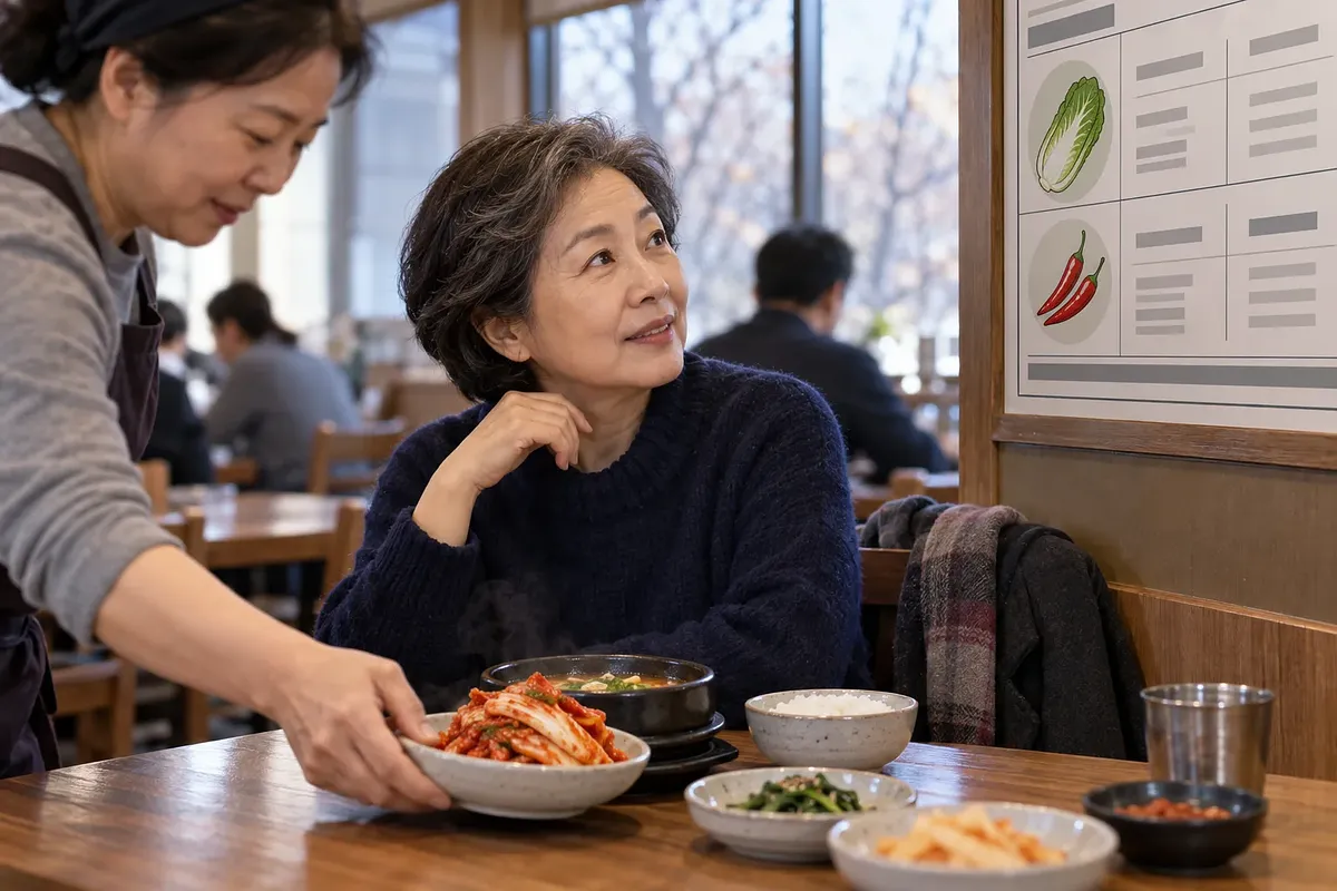 Una mujer mira el cartel de origen de col y chiles mientras una camarera sirve kimchi en un restaurante.