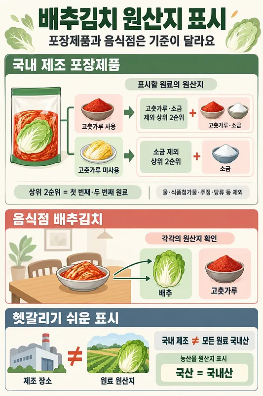Infografía sobre el etiquetado de origen del kimchi envasado, con o sin chile en polvo, y del servido en restaurantes.