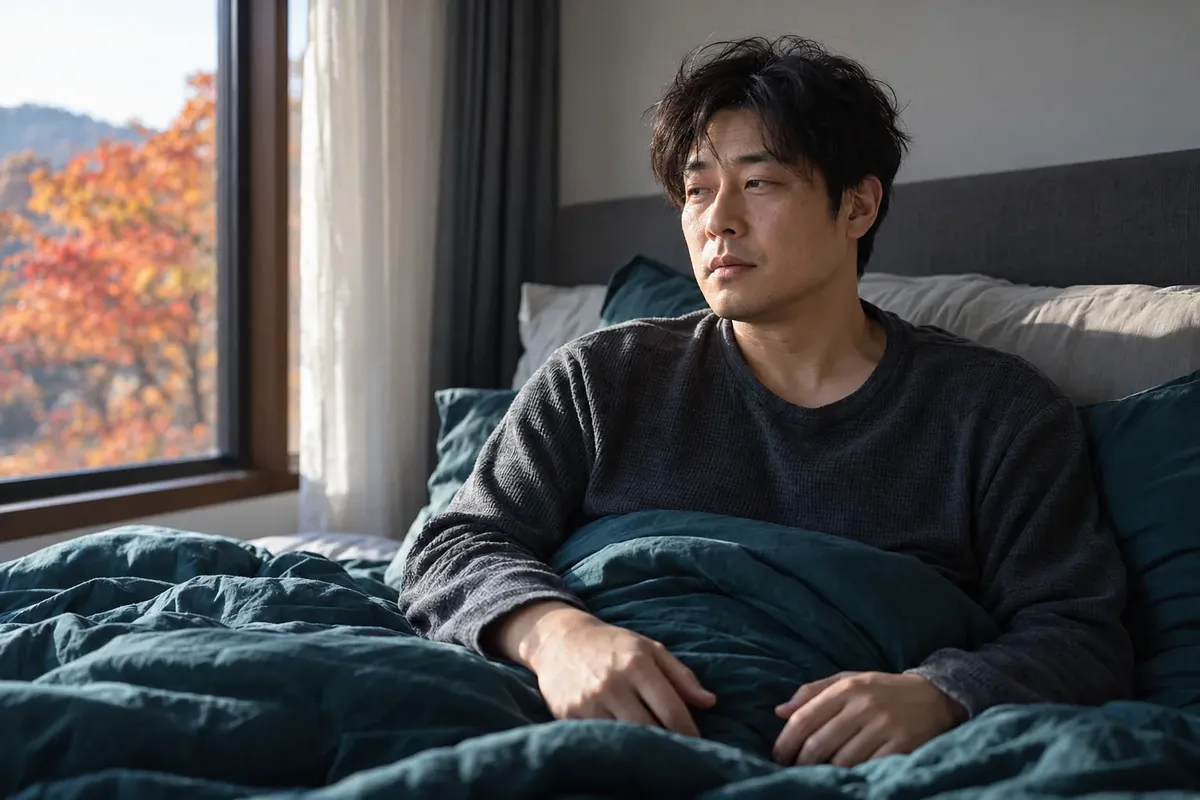 짙은 청록색 이불을 덮고 침대에 기대앉아 피곤한 표정으로 창밖을 바라보는 남성