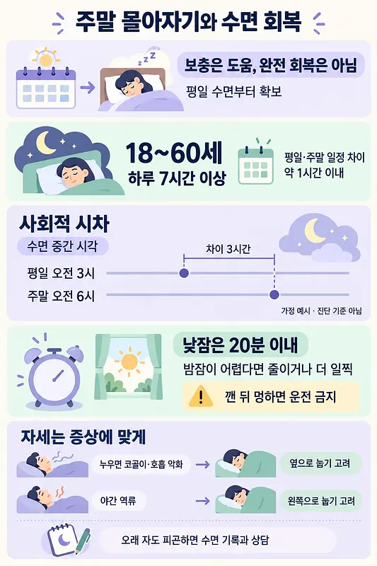 주말 보충 수면, 평일과 주말의 수면 시각 차이, 낮잠과 수면 자세를 정리한 인포그래픽