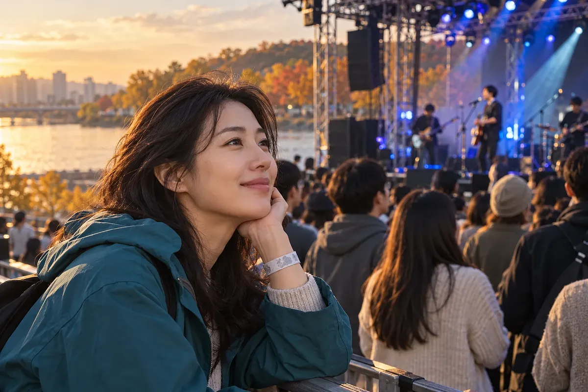 夕暮れの川沿いの野外会場で、青緑色のジャケットと入場リストバンドを着けた女性が笑顔で演奏を楽しむ。