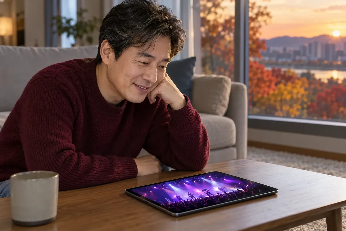 夕暮れの自宅で、中年男性が笑みを浮かべながらテーブルの上のタブレットでライブを見ている。