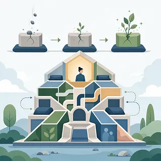 Bloques agrietados con brotes sobre una estructura modular con una persona y flechas