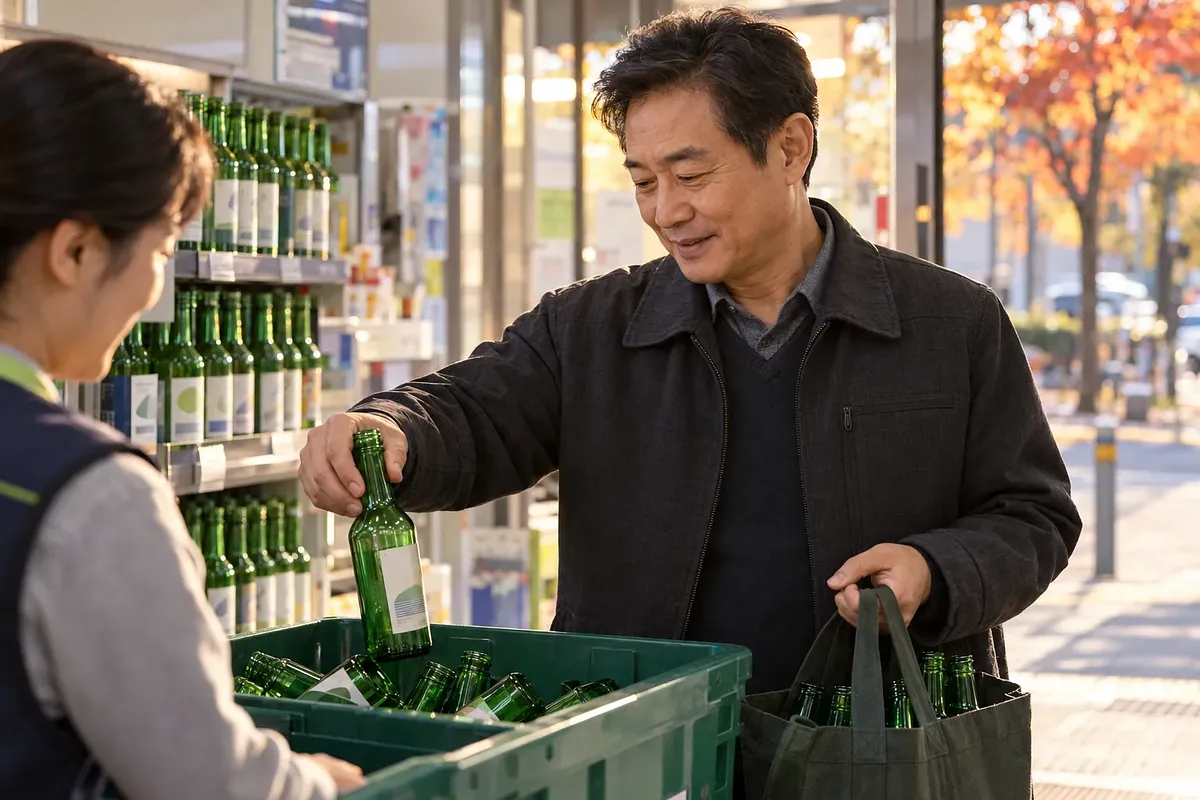 コンビニで中年の男性が、瓶入りのバッグを片手に持ち、店員の前で緑色の空き瓶を回収箱に入れている。