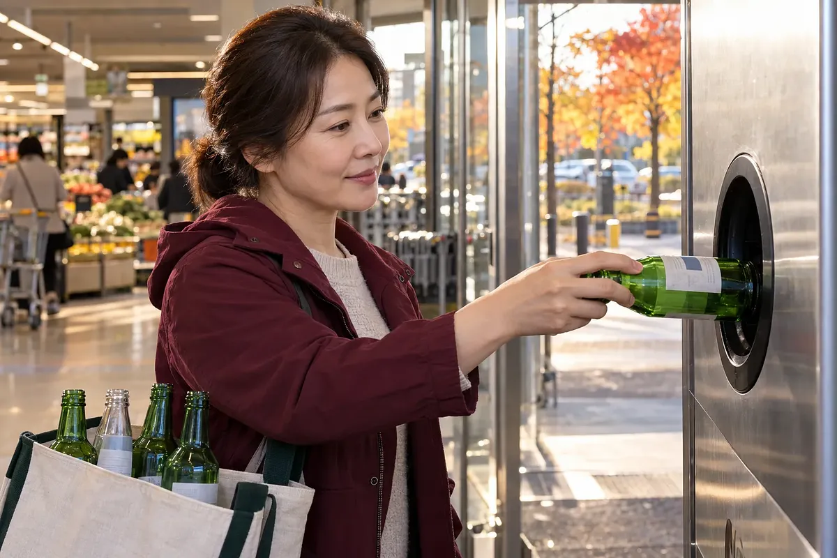 A woman in a burgundy jacket feeds a green glass bottle into a return machine at a supermarket entrance.