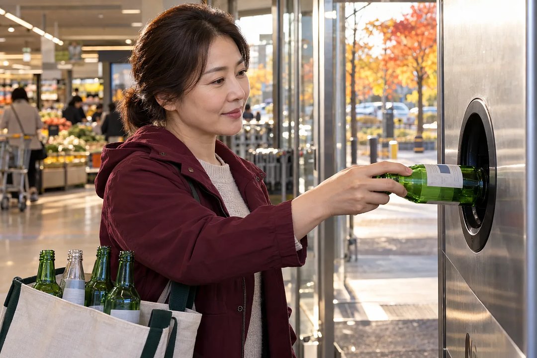 Una mujer con chaqueta burdeos introduce una botella verde en una máquina de devolución a la entrada de un supermercado.