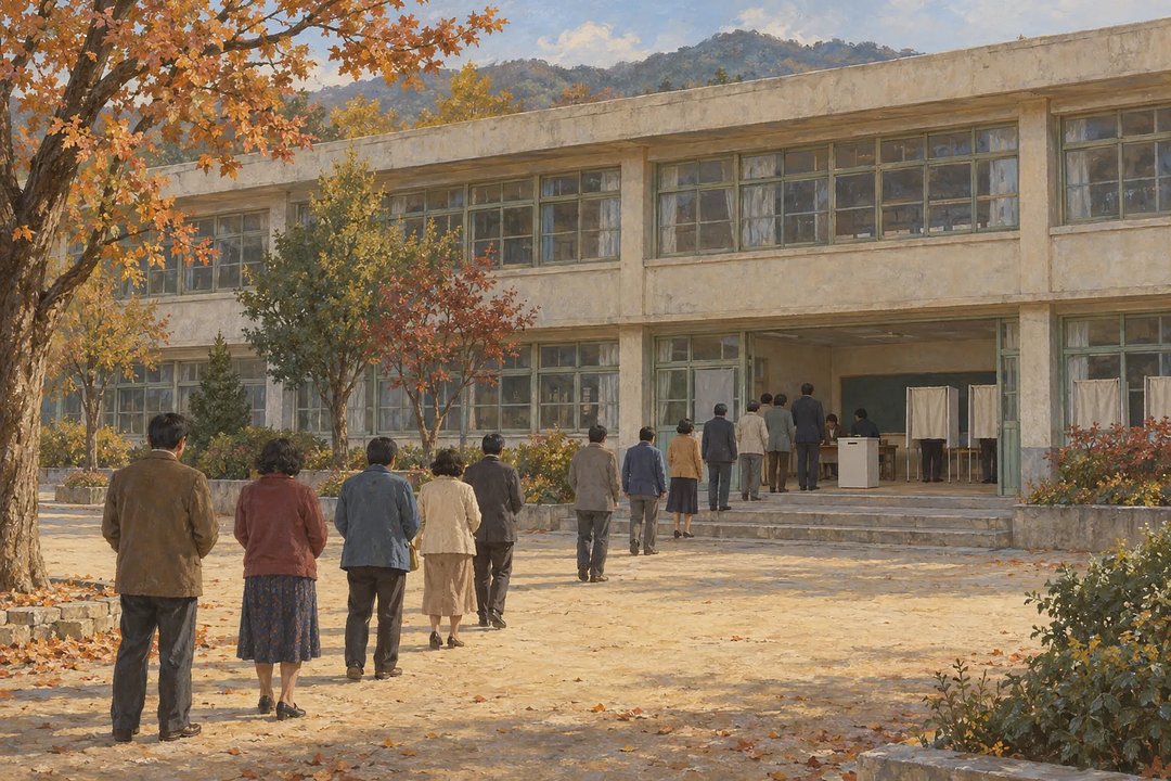 가을날 학교 교정에서 투표소로 줄지어 들어가는 유권자들, 교실 안에는 기표소와 투표함이 보인다.