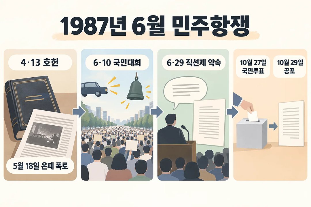 호헌 반대와 은폐 폭로, 6·10 국민대회, 6·29 직선제 약속, 국민투표와 공포를 화살표로 잇는 네 칸 연표