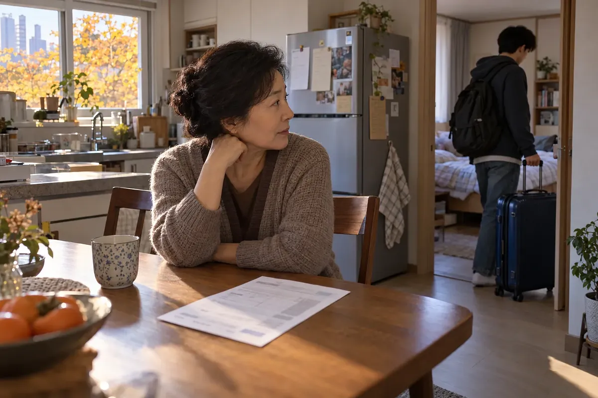 An older woman at a kitchen table watches a student enter a bedroom with a blue suitcase.