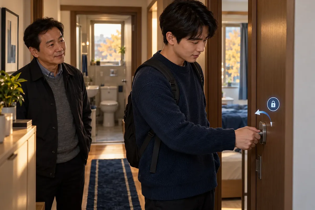 A student tests his bedroom door lock while an older homeowner watches from the apartment hallway.