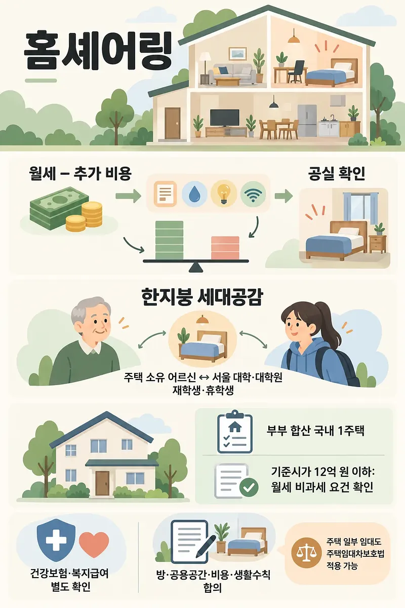 남는 방이 있는 집과 월세·비용·공실, 세금·건강보험·계약 조건을 정리한 인포그래픽