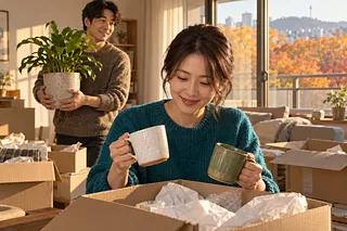 A woman unpacks two mugs while a man carries a houseplant among moving boxes.