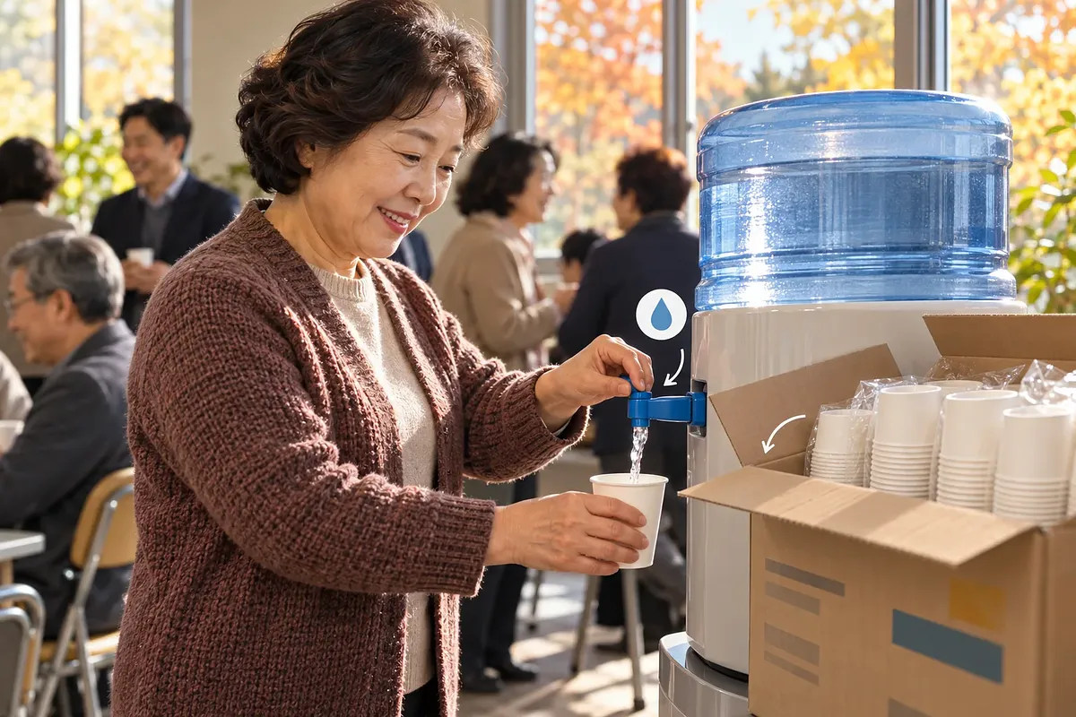 Una mujer llena un vaso de papel en un dispensador de agua, junto a una caja abierta con paquetes de vasos.