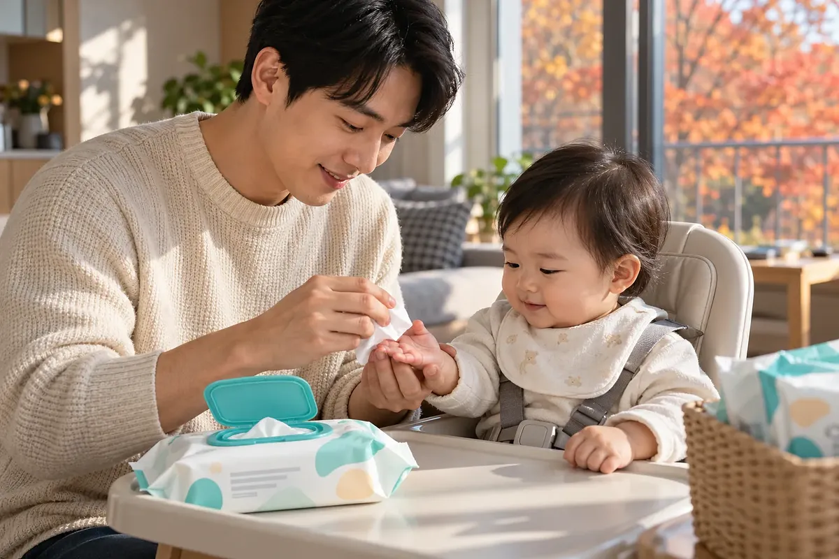 아빠가 식탁 의자에 앉은 아기의 손바닥을 물티슈로 닦아 준다.