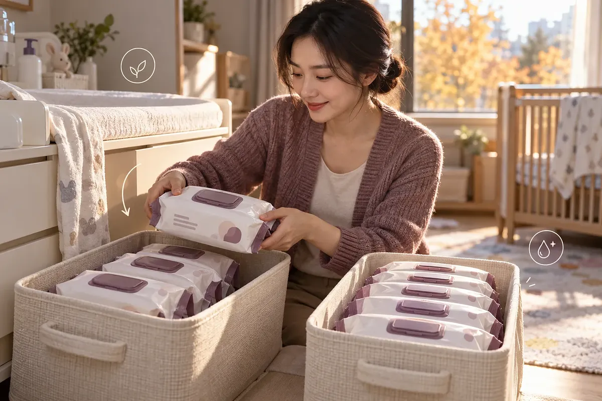 아기 기저귀 교환대 옆에서 여성이 캡형 물티슈를 패브릭 바구니 두 개에 나눠 담고 있다.