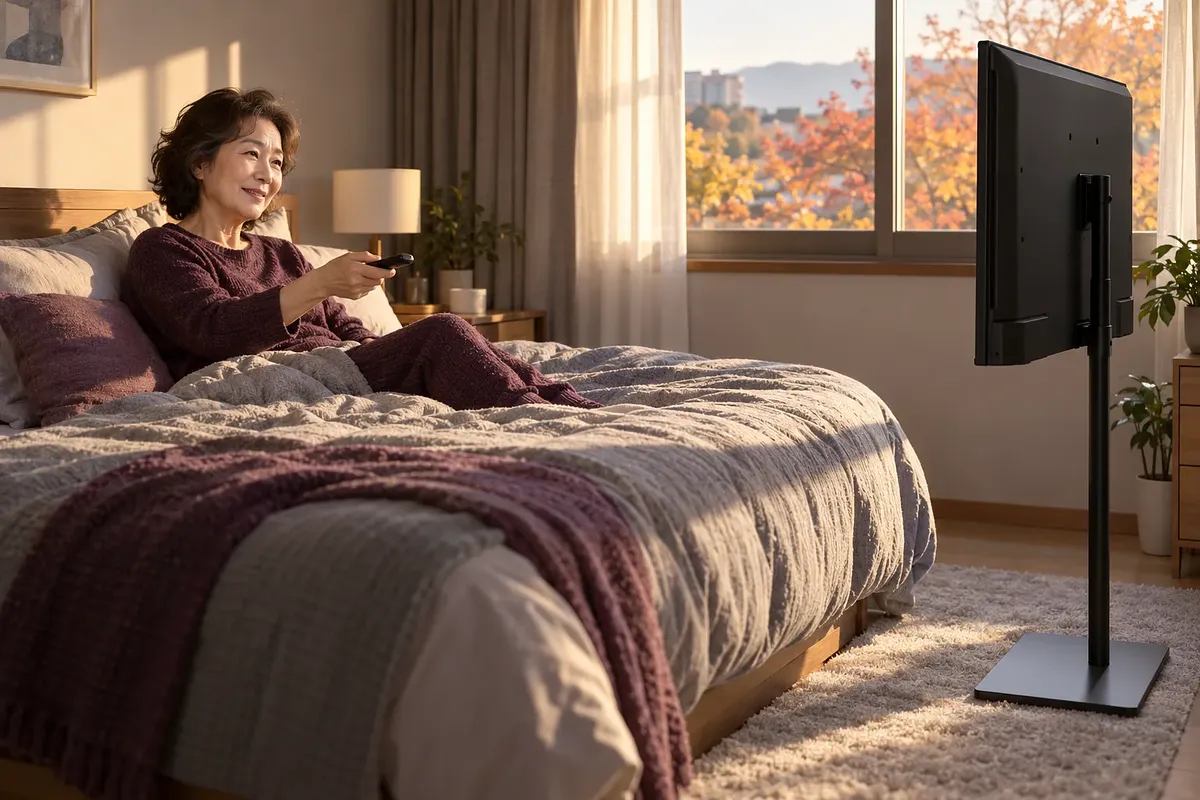 침대에 앉은 여성이 스탠드에 설치된 TV를 향해 리모컨을 들고 있다.