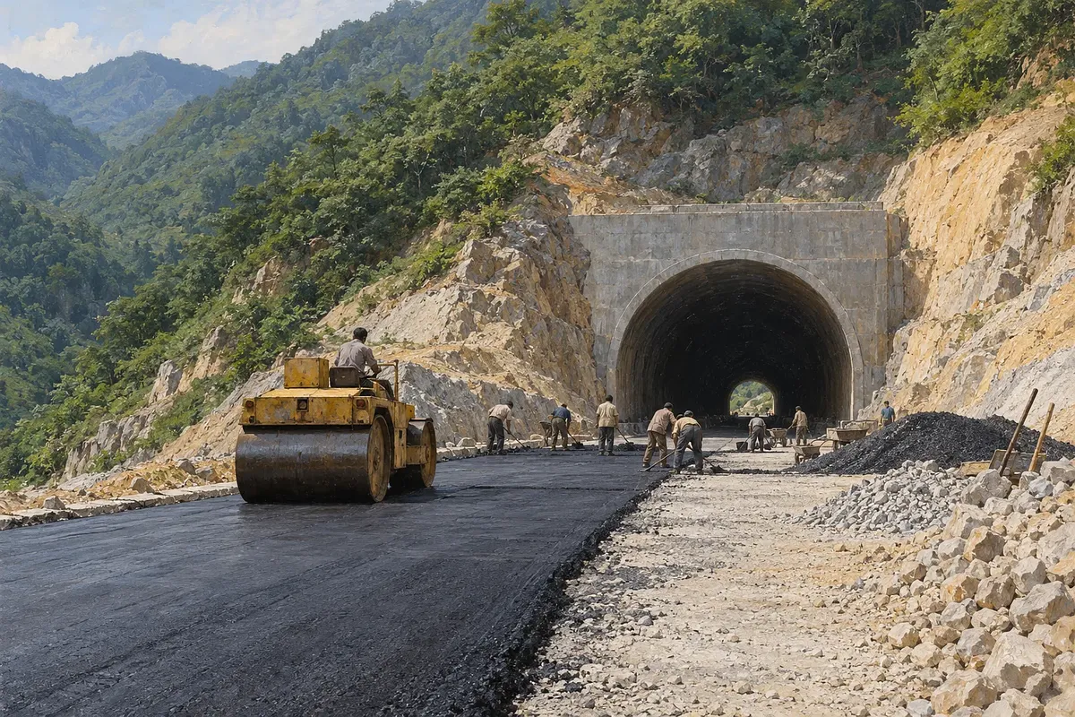 緑に覆われた山のトンネル入口で、作業員とロードローラーが進入道路を舗装する様子を描いた絵