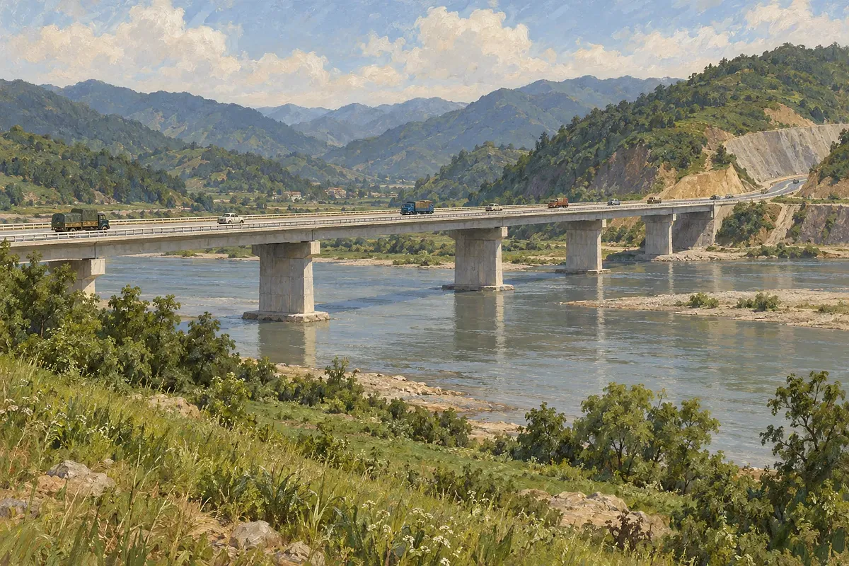 Pintura de camiones y coches en un puente de la autopista Gyeongbu sobre el río Geum, entre montañas